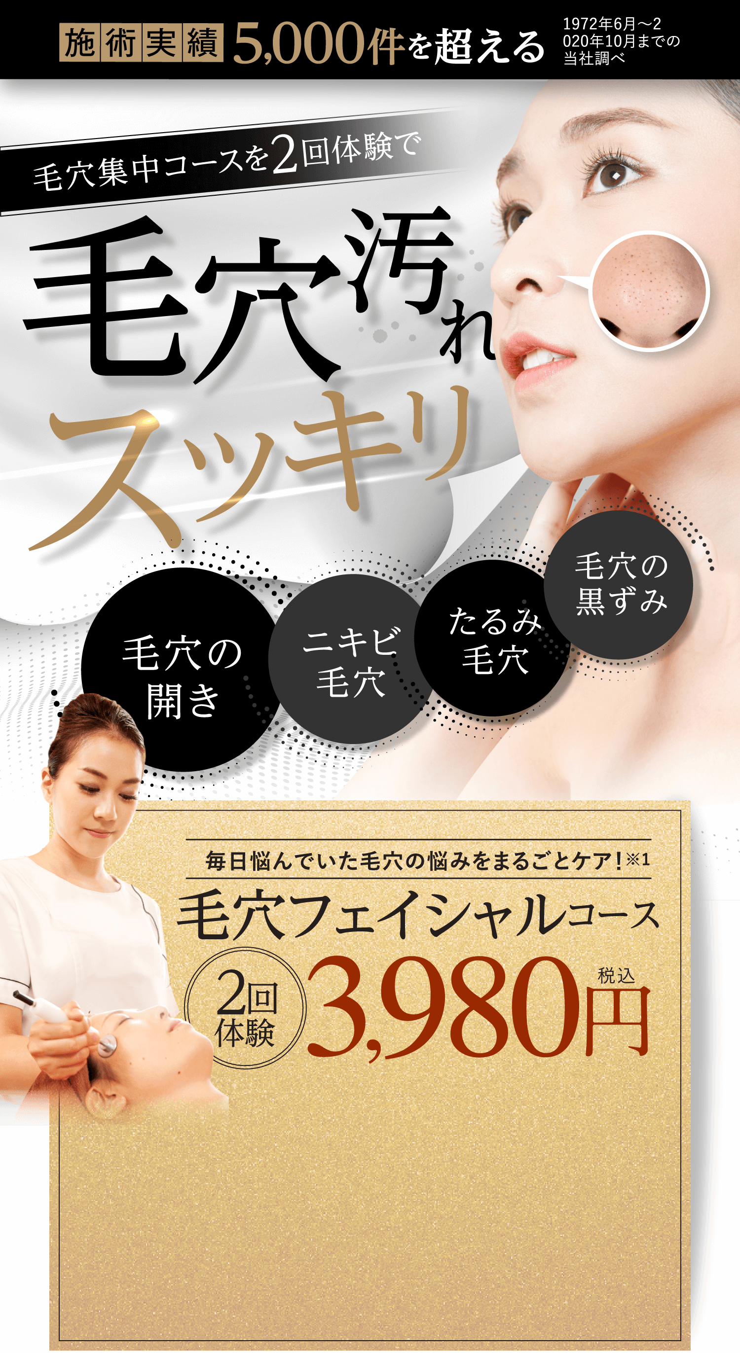 施術実績 5,000件を超える 1972年6月～2 020年10月までの 当社調べ 毛穴集中コースを2回体験で 毛穴汚れ スッキリ 毛穴の開き ニキビ毛穴 たるみ毛穴 毛穴の黒ずみ 毎日悩んでいた毛穴の悩みをまるごとケア！※1 毛穴フェイシャルコース 2回体験 3,980円 税込