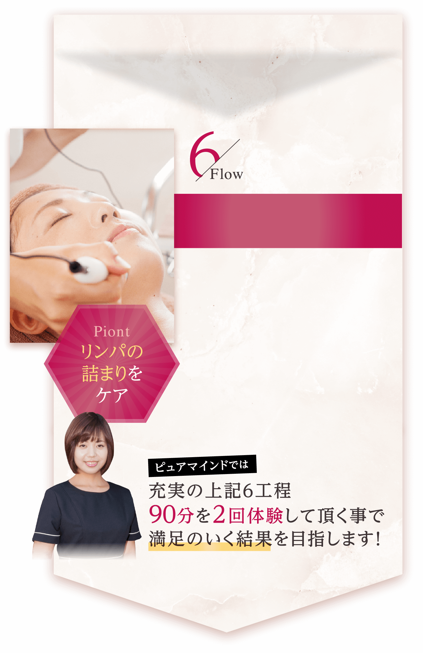 Flow6 Piont リンパの詰まりをケア ピュアマインドでは 充実の上記6工程90分を2回体験して頂く事で満足のいく結果を目指します！